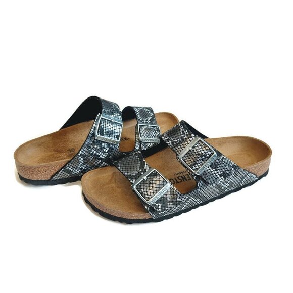 Birkenstock Arizona Sandals Mens 5 - 5.5 Womens 7 - 7.5 Black Python Narrow Cork - Picture 9 of 9